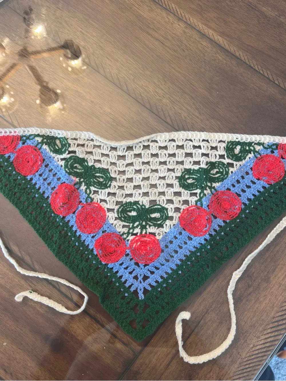 Crocheted Floral Headscarf in Green, Blue & Red